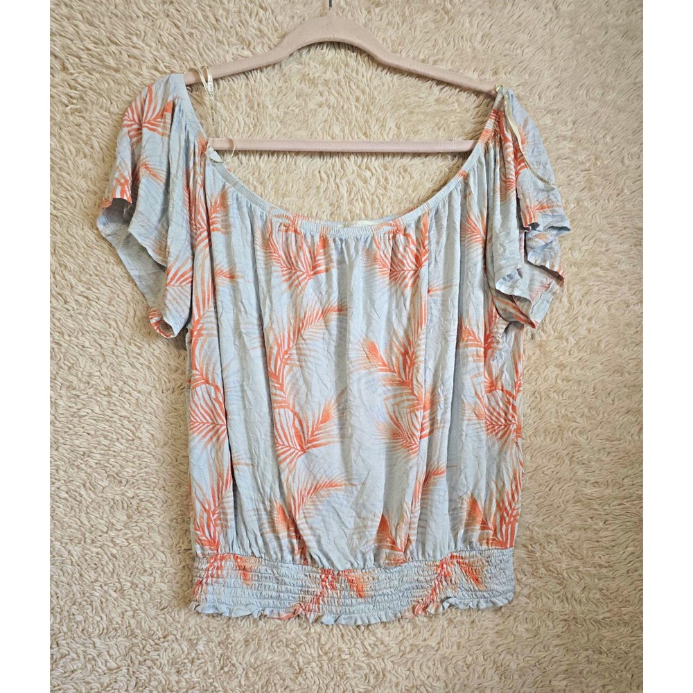vintagForever 21+ Womens Plus 0X Light Blue Orange Floral Smocked Flutter Blouse